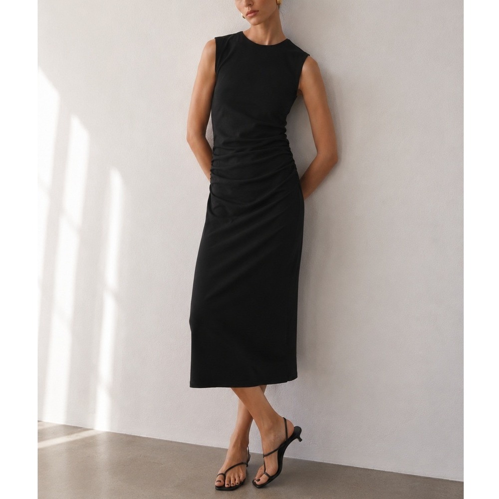 Zara Womens Black Ruched Side Sleeveless Midi Dress Sz S Bodycon Jersey‎ Stretch